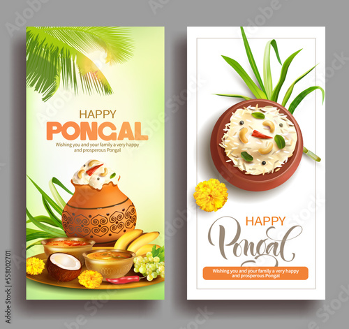 Greeting banners with traditional food and clay pot with rice (ven pongal) for Indian harvest festival Pongal (Makar Sankranti). Vector set.