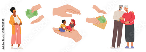 Set Support, Assistance And Help For Family. Social Policy For Pregnant Woman, Seniors and Kids Conceptual Illustration