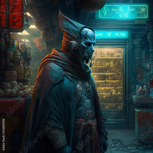 Futuristic alien man in market illustration