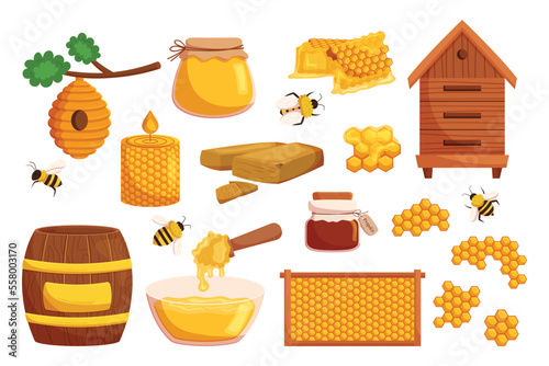 Set Honey And Apiary Production Or Equipment. Honeycombs, Bee Hive, Glass Jar, Wax Candle, Wooden Honey Dipper
