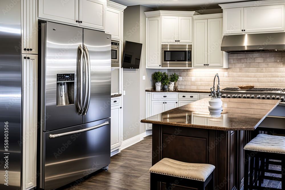 A luxury home's kitchen is contemporary, bright, and spotless and has stainless steel appliances. Generative AI A luxury home's kitchen is contemporary, bright, and spotless and has stainless steel appliances. Generative AI