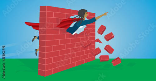 Superhero, superwoman taking her way through all problems. Brave woman. Vector illustration.