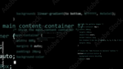 programming web template with css language code on the black background and depth of field blur camera movement zoom 3D