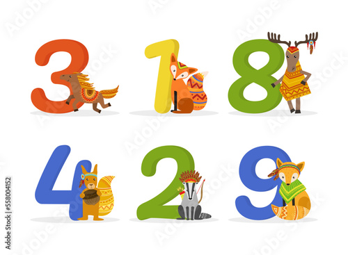 Cute wild animals in American Indians ethnic costumes and 1,2,3,4,8,9 numbers. Birthday anniversary numerals cartoon vector illustration
