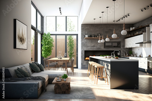 Interior design of a modern home s kitchen and living room. Generative AI