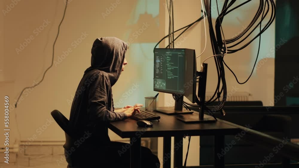 Female hacker committing cyberattack on server firewall, gaining access ...