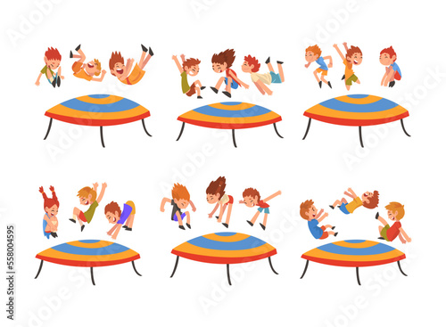 Happy kids jumping on trampoline set. Joyful boys and girls having fun while bouncing cartoon vector illustration