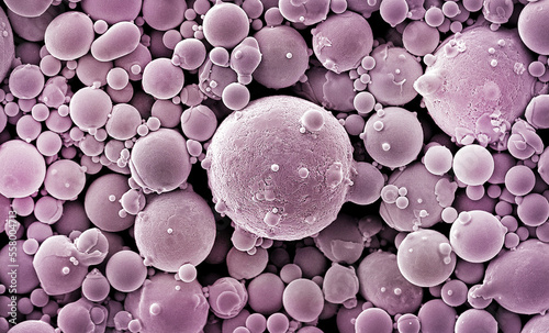 A closeup of powder particles for 3D printing. Photo taken with an electron microscope photo