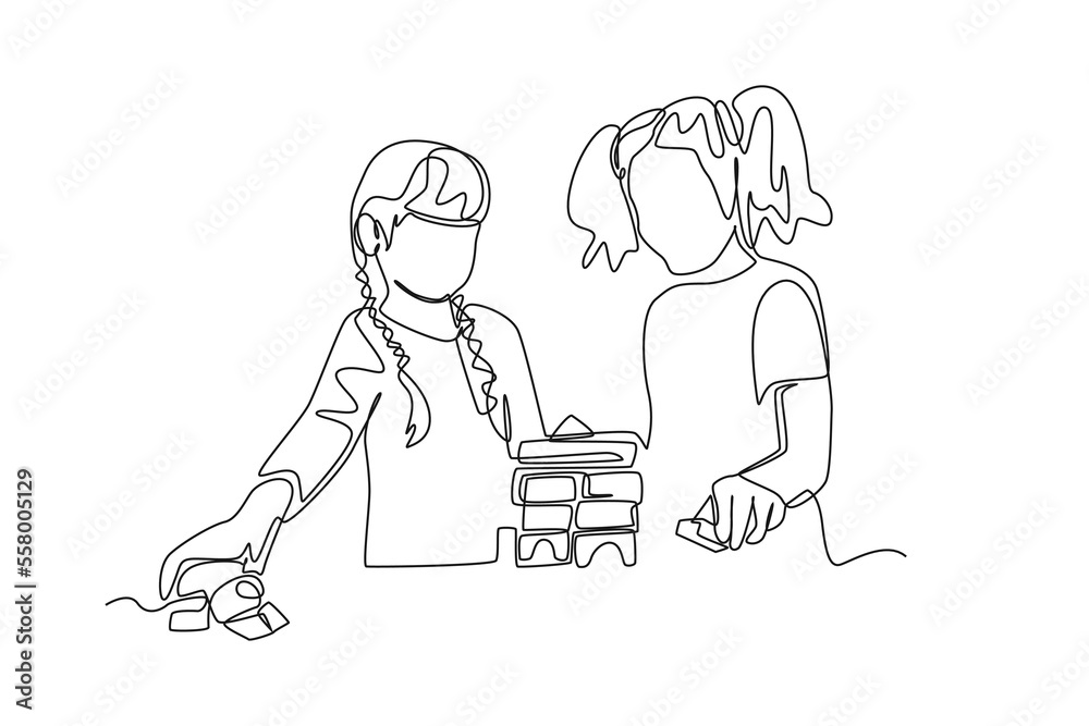 Single one line drawing little girl assembling a jigsaw puzzle together. Team work concept. Continuous line draw design graphic vector illustration.