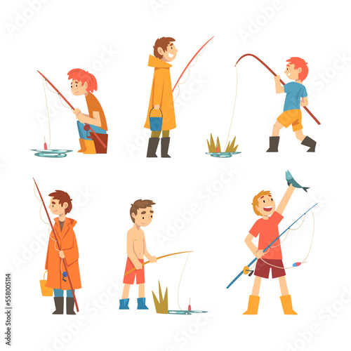 Happy people enjoying fishing set. Male characters sitting and standing with fishing rods. Boy showing caught fish on hook cartoon vector illustration
