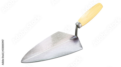 New realistic trowel for mortar and masonry work, isolated. Construction tool with wooden handle. png photo