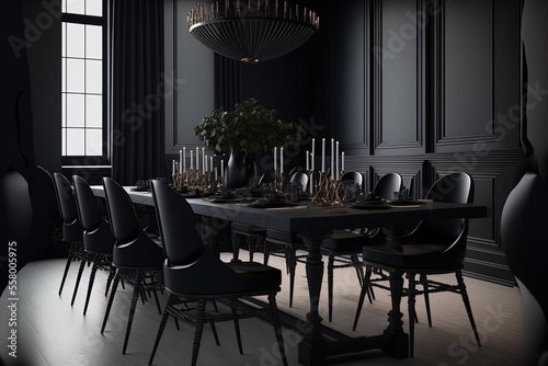 Papier peint In a room that is completely black, there is a long black dining table with black and wooden chairs
