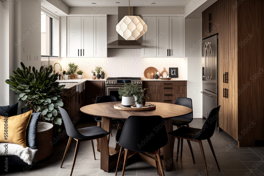 Fototapeta premium Interior of a contemporary residential kitchen and dining room. Generative AI