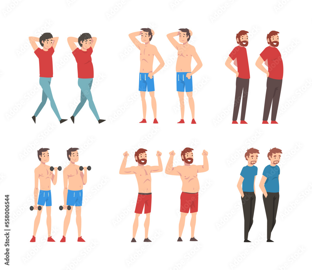 Set of men before and after diet and sport. Unhealthy and healthy sport athletic body. Weight loss concept cartoon vector illustration