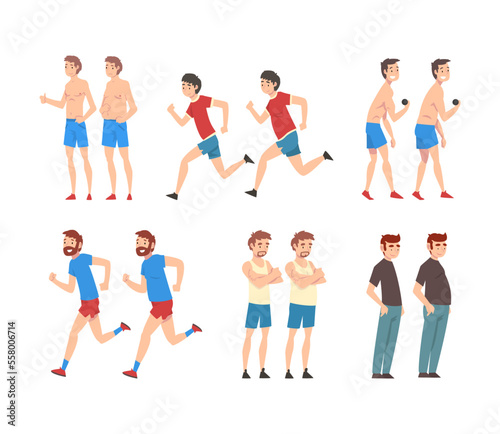 Fat and slender male characters set. Young men before and after diet and sport. Weight loss concept cartoon vector illustration