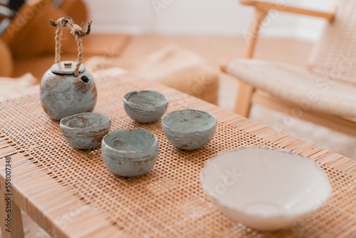 Top view tea set a wooden table for tea ceremony background.