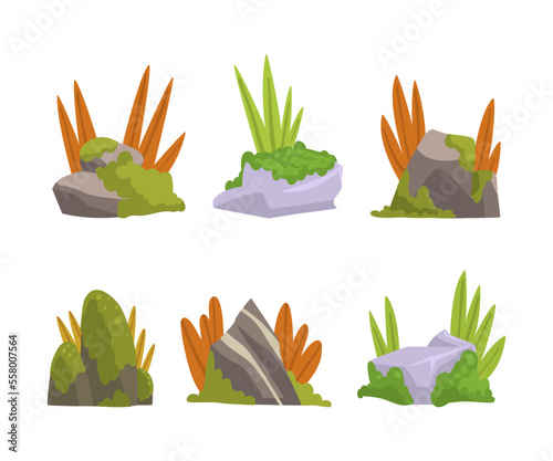 Rock stones with green moss and grass. Forest, natural and mountain landscape design elements set cartoon vector illustration