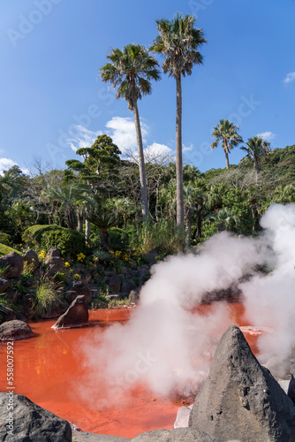 Photography Red thermal pool Jigoku at Umijigoku in Beppu, Japan