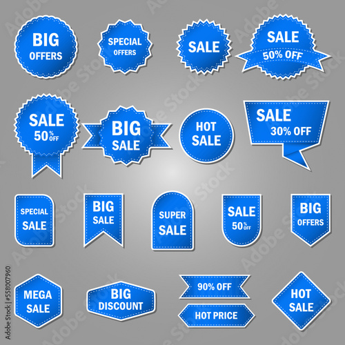 Blue blank price tags, labels or badges, ribbon banners.