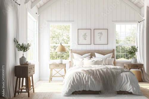 Fotografia a light colored farmhouse bedroom interior. Generative AI