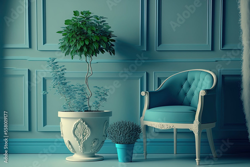 Designing a green studio's interior with a planter and a chair. Background in a soft blue and white tone. for use in an image frame, presentation, or website. Generative AI © 2rogan