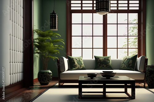 Asian inspired modern living room furnishings, including the sofa. Generative AI