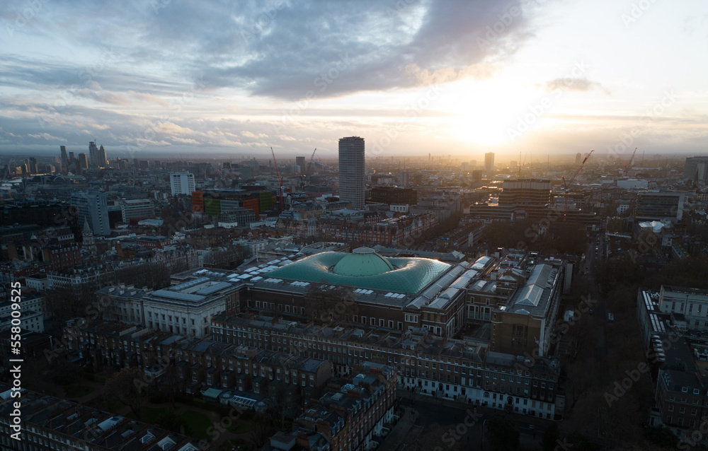 British Museum in London from above - aerial view at sunset - LONDON, UNITED KINGDOM - DECEMBER 20, 2022