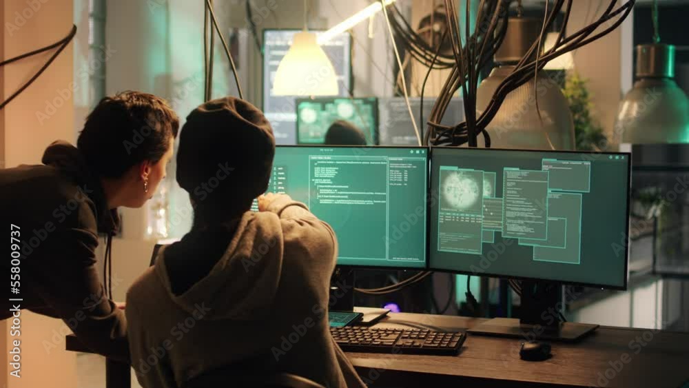 Skilled hacker using malware of computer systems to access important data with encryption, breaking into server. Thief with anonymous mask doing cryptojacking and identity theft.