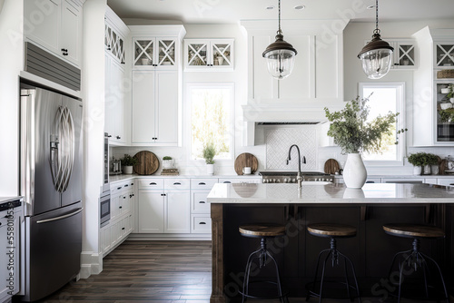 Beautiful white kitchen in contemporary farmhouse style luxury property with dark accents. Generative AI