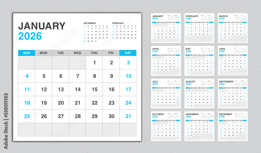 Calendar 2026 year blue design, Monthly calendar template for 2026 year