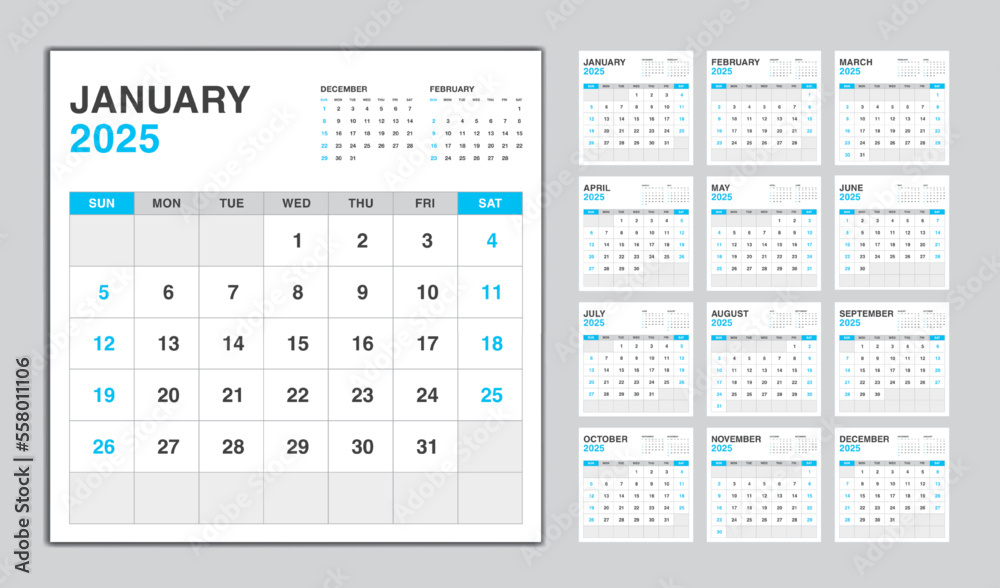 Calendar 2025 year blue design, Monthly calendar template for 2025 year