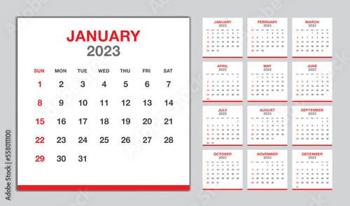 Calendar 2023 year red design, Monthly calendar template for 2023 year, Week Starts on sunday, Minimalist Wall calendar 2023 template, planner, Business template Vector