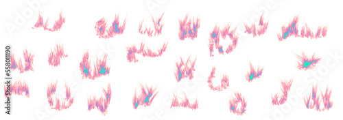 Hearths of agitated pastel translucent flames with neon core fragments  set . Isolated on transparent. png format.