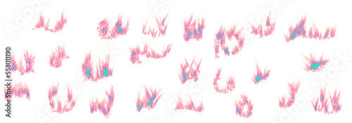 Hearths of agitated pastel translucent flames with neon core fragments (set). Isolated on transparent. png format.