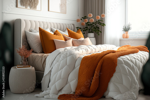White king size bed with orange pillows in stylish woman's bedroom. Generative AI photo