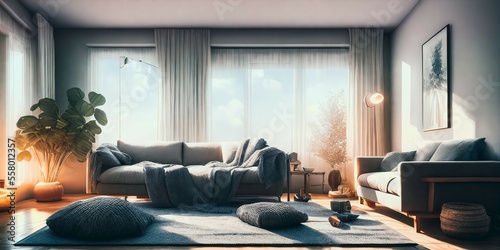 A cozy living room, couches with blankets and cushions at golden hour, Generative AI