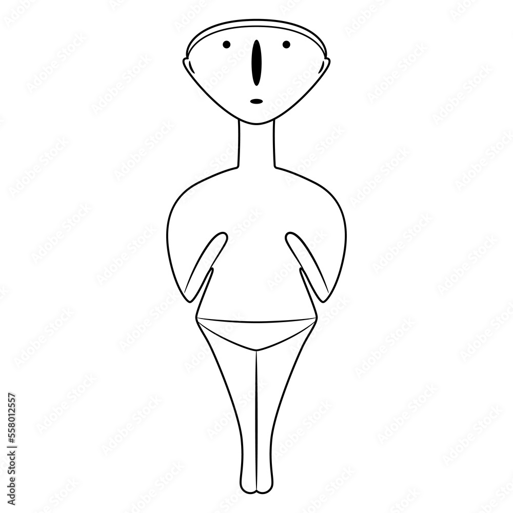 Bronze Age stargazer. Cycladic idol. Female figurine from Anatolia. Goddess sculpture from ancient Turkey. Black and white linear silhouette.