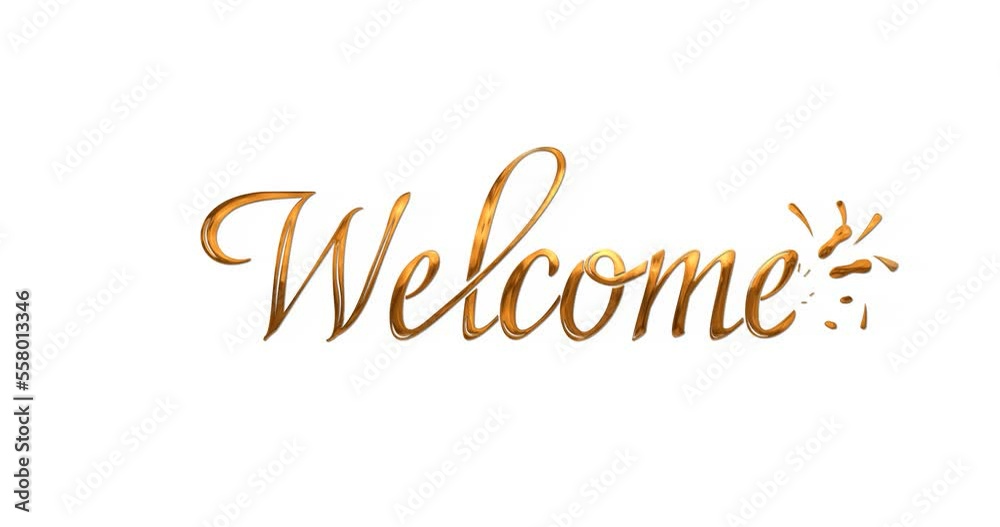 Welcome letter animation with ink drops writing the script. Golden letters on the white background alpha channel. vector animated. Suitable for events, celebrations, vlogs, tv shows, and advertising
