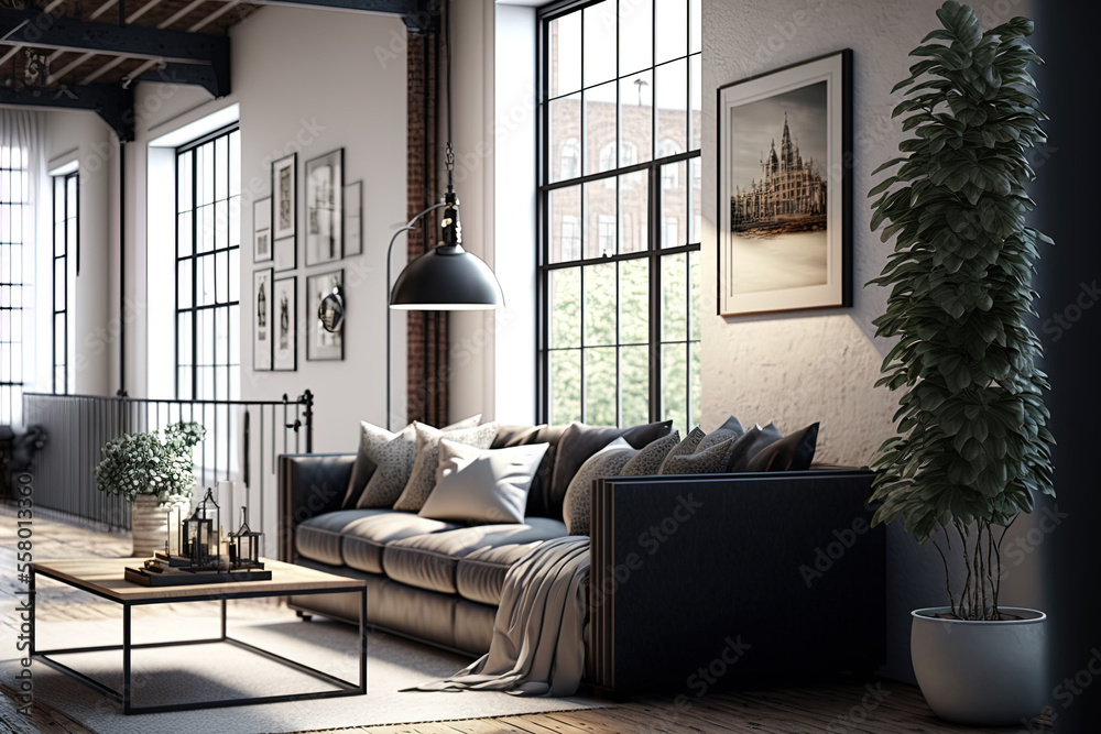 Fototapeta premium a contemporary loft living room with a couch, table, lamp, frame, decorations, and additional space,. Generative AI