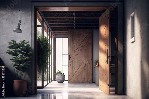 Vacant modern day loft space with a door leading to a garden The rooms have wooden plank ceilings and concrete tile flooring. Generative AI