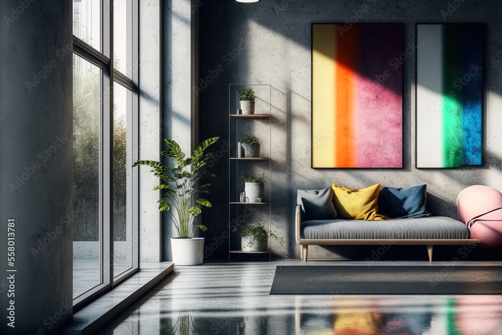Bright contemporary interior elements, window light, and a concrete ...