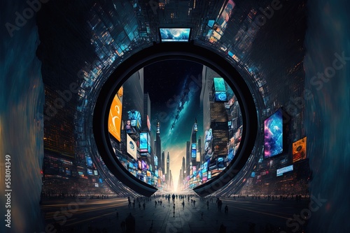 A Dimensional Portal in the middle of a Big Street in a Big City, Inviting Everyone to Explore a New Reality, In a Trip With No Return, Made With Ultimate Technology