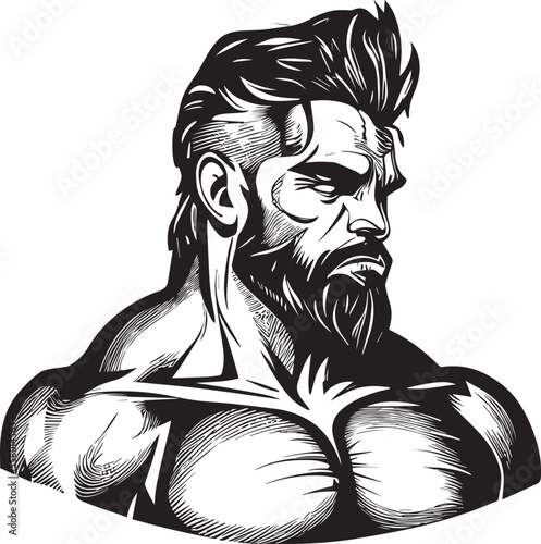 black and white illustration of a bodybuilder man