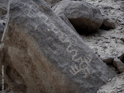 Petroglifos de huancor, ave esquematizada tallada en roca, cultura antigua,  Perú, Sudamérica