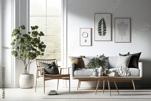 Scandinavian style minimalist modern living room background. Generative AI