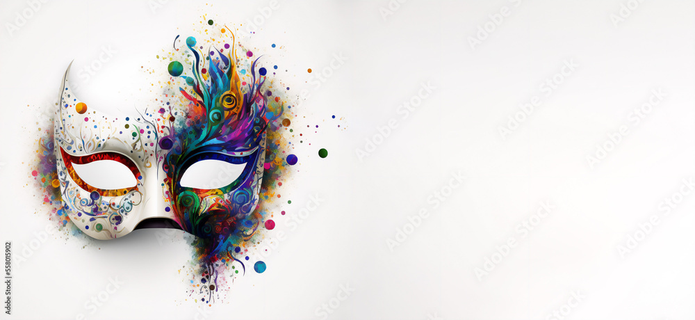 Venetian mask carnival colorful splash art  masquerade mardi gras banner copy space on white illustration. Generative AI - obrazy, fototapety, plakaty 