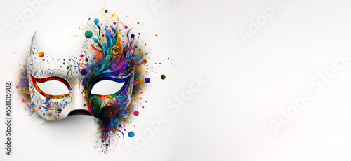 Fotografie, Obraz Venetian mask carnival colorful splash art  masquerade mardi gras banner copy space on white illustration
