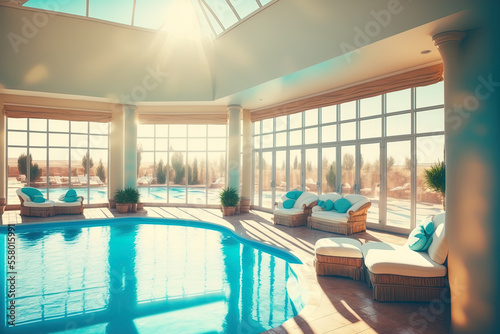 Beautiful indoor pool with Jacuzzi, rattan couches, huge windows with panoramic views, lighting, and loft style decor. Generative AI