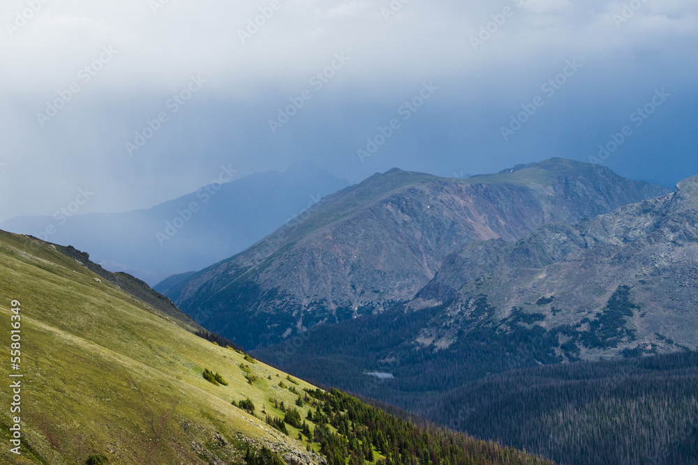Wooded mountains and rolling hills of Rocky Mountain National Park, Colorado