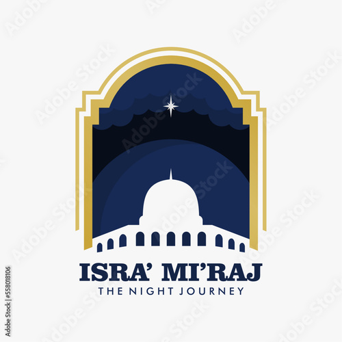 flat isra miraj poster with mosque moon and night sky background